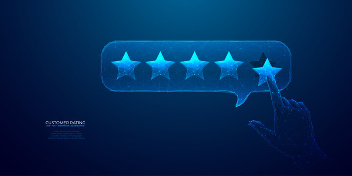 Abstract customer review concept. Five star rating and positive feedback. Human hand showing on five star excellent rating. Low poly wireframe vector illustration on technology blue background.