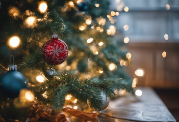 Merry Christmas and Happy New Year. Festive bright beautiful background. Decorated Christmas tree on blurred background. de-focused lights, gold bokeh