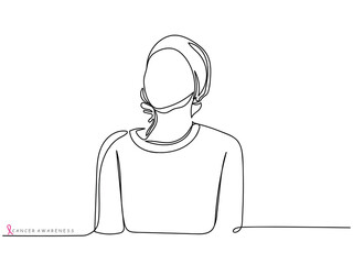 Cancer awareness month. Chemotherapy survivor. Fight cancer concept line art. Tumor regression. Positive reports. Positive psychology. Determined brave happy woman fighting cancer. Bald head scarf bow
