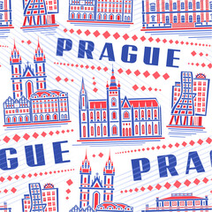 Vector Prague Seamless Pattern, square repeating background with illustration of famous medieval prague city scape on white background, decorative line art urban historical poster with word prague