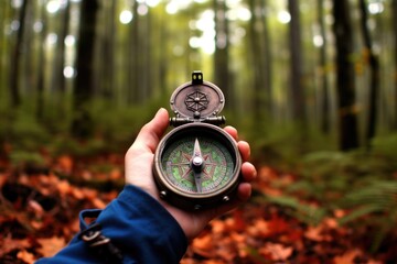 Navigating Nature: Hand-held compass with forest backdrop