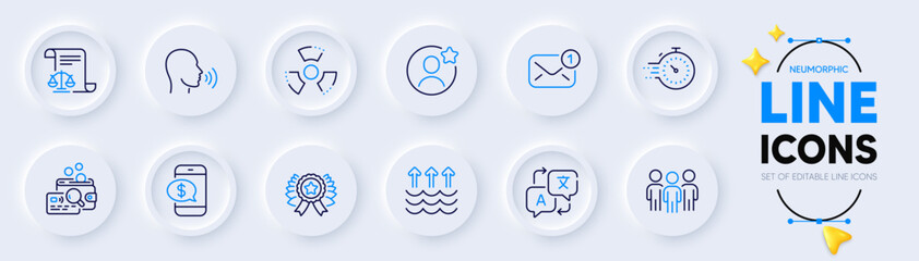 Human sing, Evaporation and Translate line icons for web app. Pack of Best friend, Chemical hazard, Legal documents pictogram icons. Timer, Inspect, New message signs. Phone payment. Vector
