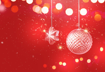 Fototapeta na wymiar Christmas ball, star and lights on red background. Christmas and new year card. Copy space