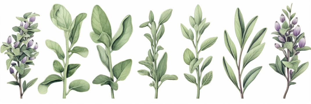 Watercolour Collection { No1 } Organic Herb Common Sage - Salvia officinalis - grown in Eco Fields. Isolated on White Background. Generative AI.
