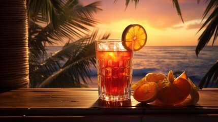 An enticing glass of mixed fruit juice, tropical palm trees swaying in the gentle breeze behind.