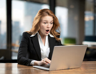 Fototapeta premium surprised businesswoman working on laptop