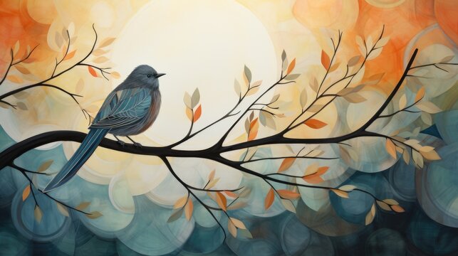 A painting of a bird sitting on top of the tree branch, AI