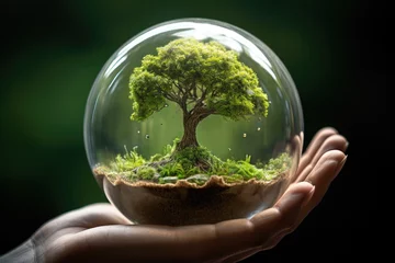 Fotobehang Enchanted Forest Globe: Tiny verdant tree and landscape in a held bubble © Exotic Escape