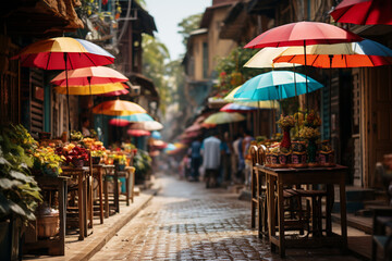 Busy Street Market With Colorful Umbrellas - Generative AI