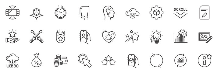 Icons pack as Screwdriverl, User call and Ranking stars line icons for app include Refresh, Update data, Time outline thin icon web set. Electricity bulb, Loyalty program. Vector