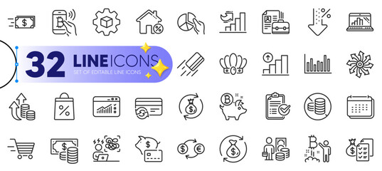 Outline set of No cash, Vacancy and Money transfer line icons for web with Low percent, Currency exchange, Graph laptop thin icon. Growth chart, Change money, Coins banknote pictogram icon. Vector