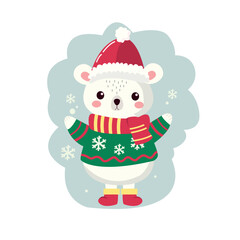 Cute holiday bear. Christmas hand drawn bear, xmas holiday winter bear characters isolated vector illustration. Funny holidays bear.