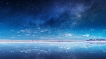 Fotobehang Salar de Uyuni salt flat during the starry night. Beautiful mirror reflection on sky. generative ai © Witri