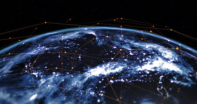 High Speed Internet Provided By Optical Fibers. Planet Earth Is Covered By Satellite Network. Technology Related 4K 3D Background Animation.