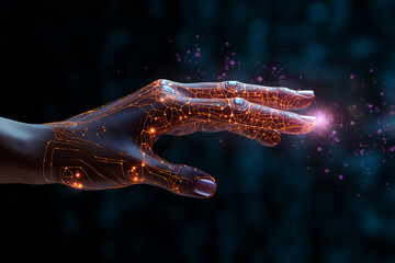 Artificial intelligence as a being transmitting the spark of knowledge from its finger to the human finger - 670570658