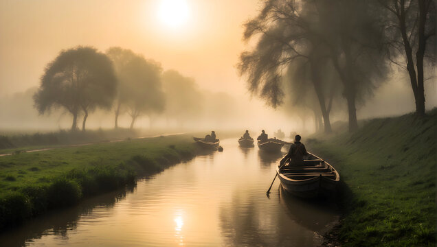 Countryside view and canal side and boats and morning sun and mist. See the beauty of nature in the chapter