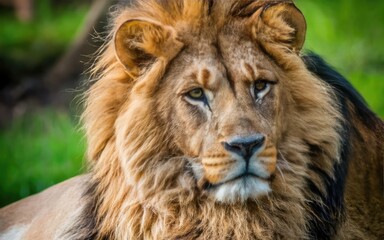 Могучий лев наблюдает за львицами, которые готовы к охоте