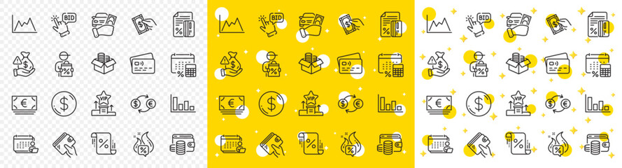 Outline Pay money, Vip podium and Annual tax line icons pack for web with Accounting, Wallet, Rent car line icon. Hot offer, Card, Euro currency pictogram icon. Bribe, Money box, Bid offer. Vector