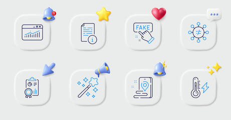 Electricity power, Place and Website statistics line icons. Buttons with 3d bell, chat speech, cursor. Pack of Manual, Fake information, Inspect icon. Discrimination, Magic wand pictogram. Vector
