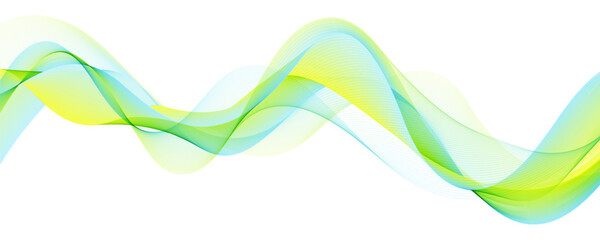 Light Abstract Design Element Blue, Green and Yellow Transparent Wave Line Isolated on White Background.