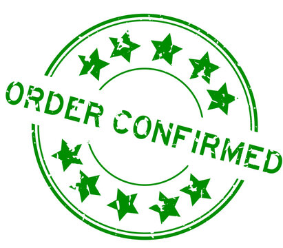 Grunge green order confirmed word with star icon round rubber seal stamp on white background