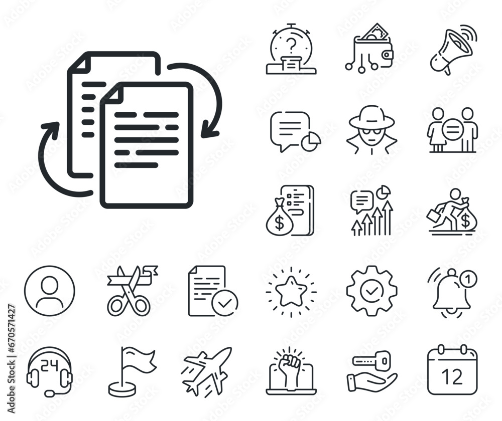 Poster doc file page sign. salaryman, gender equality and alert bell outline icons. documents workflow line