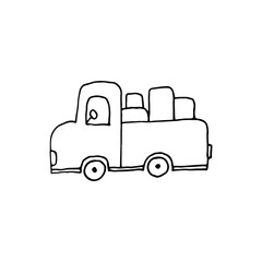 Courier delivery, shipment of goods. The truck transports boxes. Doodle. Vector illustration. Hand drawn. Outline.