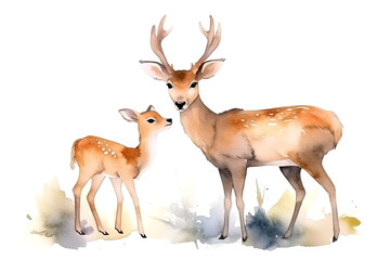 Watercolor Painting Illustration Of Deer With His Little Cute Cub