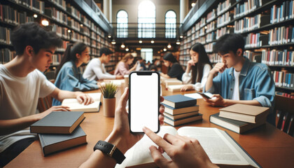A hand holding a smartphone with a blank screen. A group of students studying in a library. Insert your own screen image. For app mockups. Study app, elearning or education concept. - obrazy, fototapety, plakaty