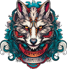 Steampunk Wolf logo emblem template. Colored vintage whimsical steam punk wolf mascot. Generated Ai