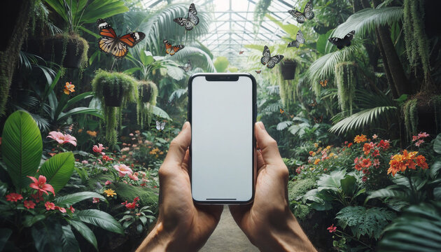 A hand holding a smartphone with a blank white screen. In a tropical garden with butterflies. Insert your own screen image. For app mockups. Nature or photo app.