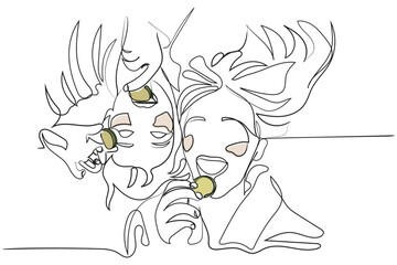 Happy young women wear white bathrobes towels on head make cucumber facial skin care mask on eyes relaxing together,smiling girls friends having fun on spa beauty salon party, Continuous line art.girl