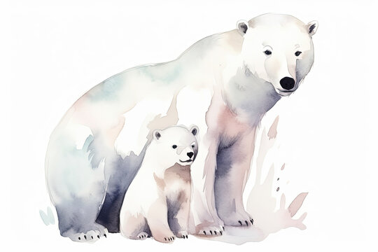 Watercolor Painting Illustration Of Wild White Polar Bear With Cute Little Cub