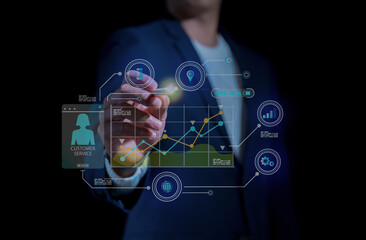 person touching on holographic to plan his work about customer services , smart work