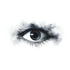 Beautiful blue human eye isolated on white macro shot, Gänseblümchen in den Händen vor grünem Hintergrund, Eye