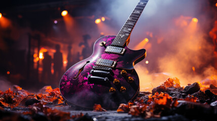 Close up of electric guitar on a stage during rock concert - obrazy, fototapety, plakaty