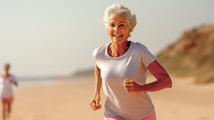 MATURE WOMAN DOING FITNESS, RUNNING ON THE BEACH. legal AI