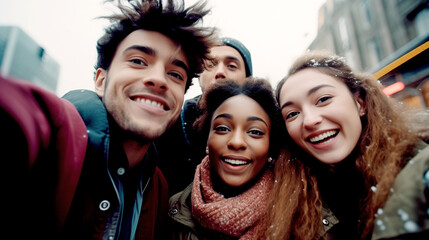 Obraz premium MULTIETHNIC HAPPY GROUP OF YOUNG PEOPLE TAKING SELFIE. legal AI
