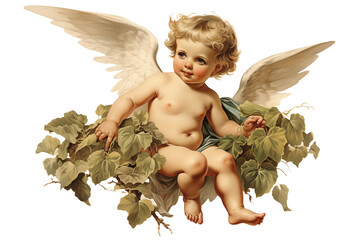 vintage romantic illustration of a cherub or cupid isolated on a transparent background, generative ai