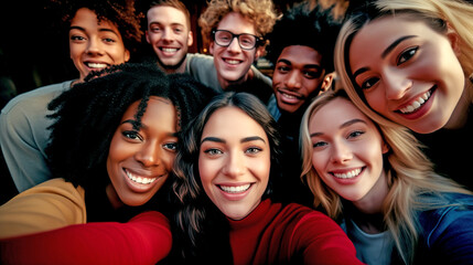 Fototapeta premium MULTIETHNIC HAPPY GROUP OF YOUNG PEOPLE TAKING SELFIE. legal AI