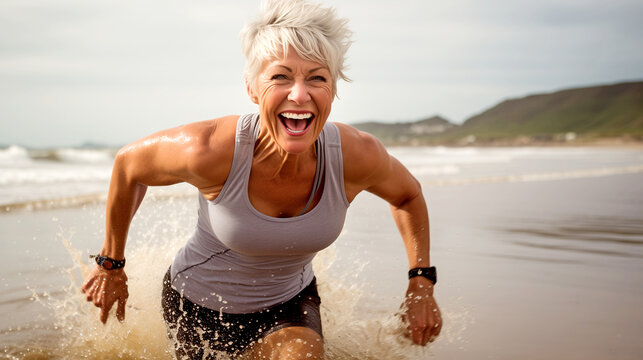 MATURE WOMAN DOING FITNESS, RUNNING ON THE BEACH. legal AI