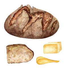Rye bread whole and slice watercolor illustration isolated on white background. Hand drawn rustic slice of bread and butter set for bakery. Painted bread side view. Elements for poster, grocery