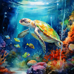 A Painting Colorful Turtle Animals Under the Sea Water beautiful background