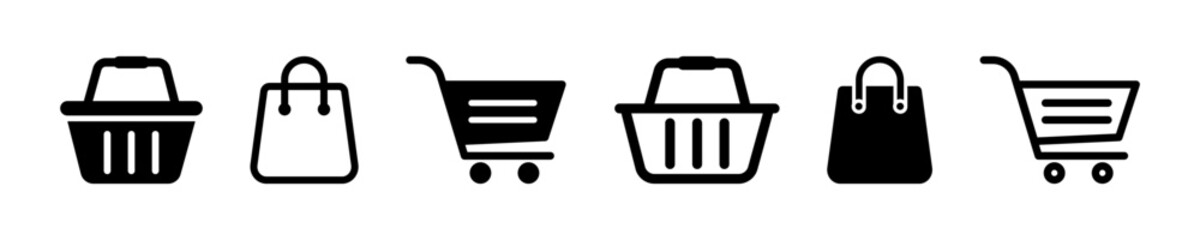 Shopping trolley, bag, cart, basket vector icons set. Black icons with online purchase. Vector 10 Eps.