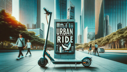 Urban Ride: 電動キックボードで都市を駆け抜ける、背後にそびえ立つ摩天楼 - obrazy, fototapety, plakaty