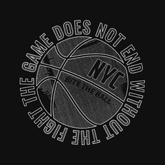 Typographic vector illustration of basketball theme badge. t shirt graphics