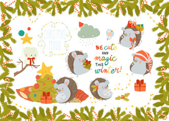 Set of Cute Playful Christmas Hedgehogs. Happy New Year, Merry Xmas Design Element. Vector Illustration