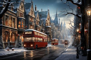 red buses moving on snowy winter street. holiday season illustration