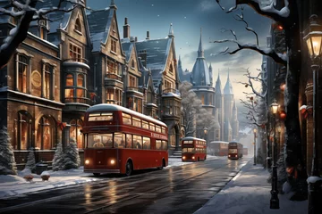 Printed kitchen splashbacks London red bus red buses moving on snowy winter street. holiday season illustration