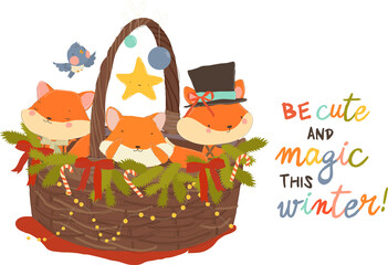 Cute Funny Foxes sitting on Christmas Basket. Vector Illustration